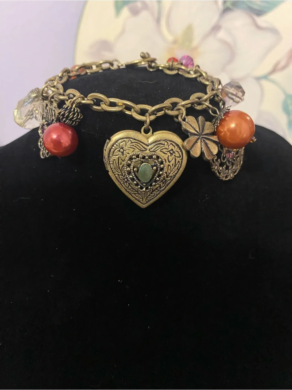 Victorian Revival Brass Functioning Heart Locket Floral Filigree Charm Bracelet